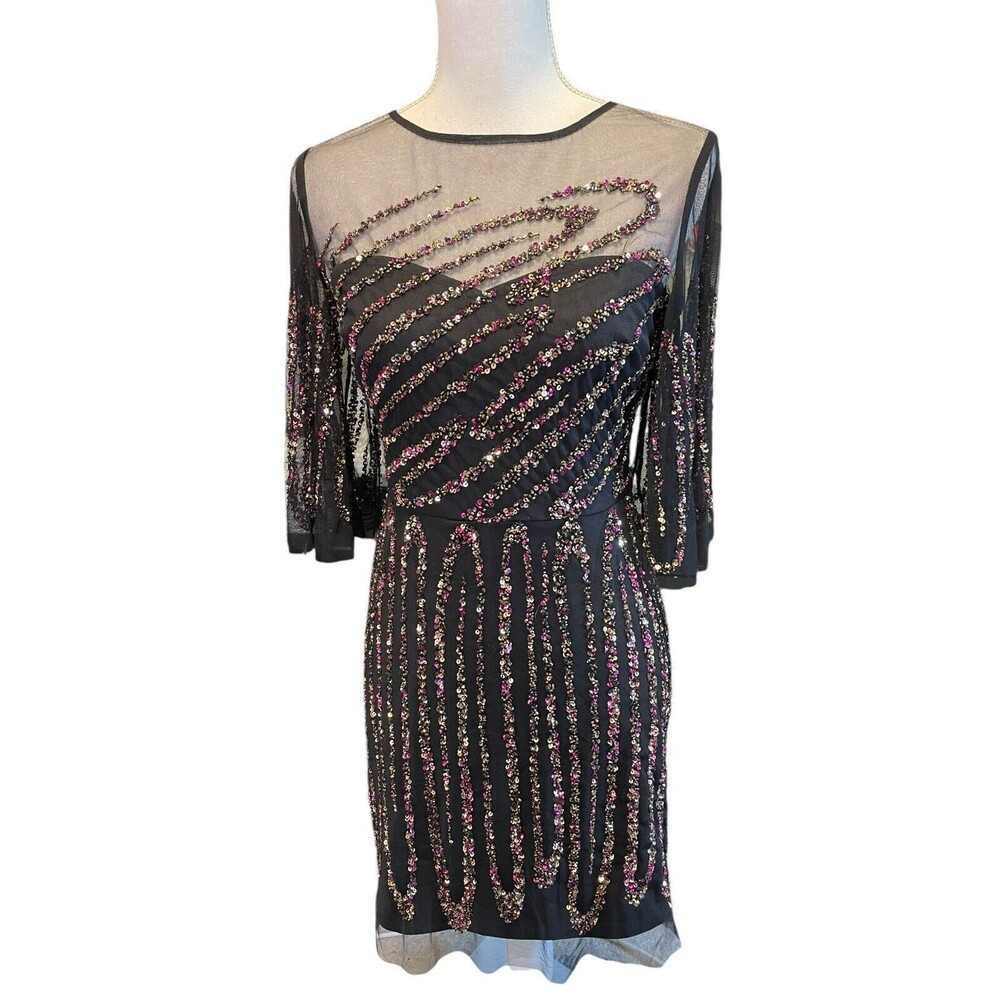 Aidan Mattox Dress Size 4 Flutter Sleeve Black Mini Sequin Beaded a28
